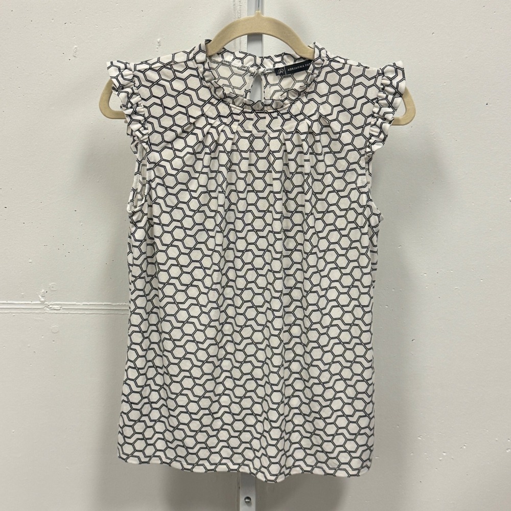 Adrianna Papell Ruffle Neck Sleeveless Blouse Black White Honeycomb Geometric